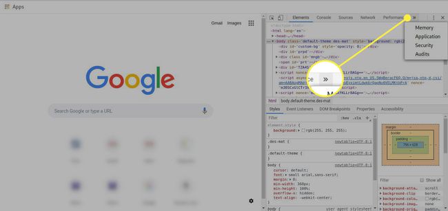 Una captura de pantalla de las herramientas para desarrolladores de Chrome con el botón de menú Más resaltado