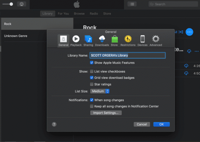 captura de tela das preferências gerais do iTunes no macOS