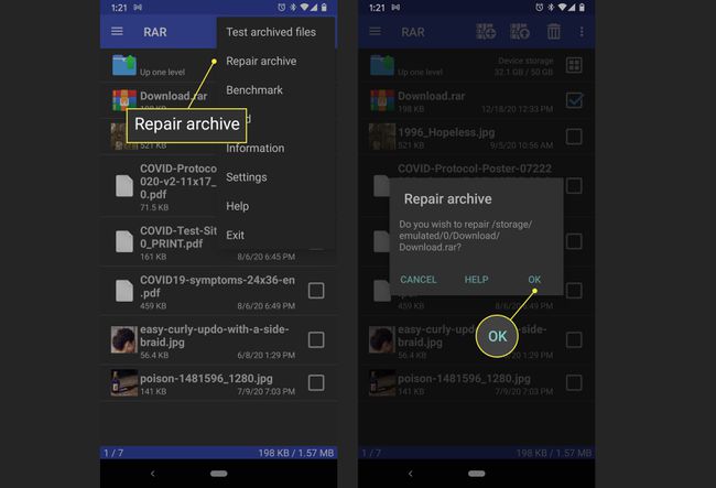 Un utilizator Android repară un fișier .rar corupt cu aplicația RAR