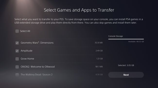 Selecionando jogos e aplicativos do PS4 para transferir para o PS5.