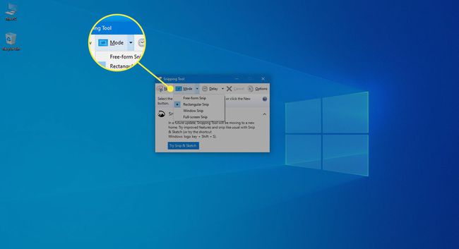 Windows 10'un Ekran Alıntısı Aracındaki Mod menüsü