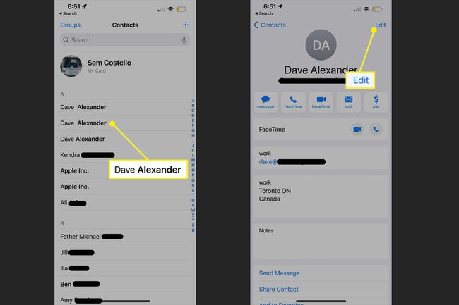 Un contatto nell'app Contatti di iPhone con Modifica evidenziato