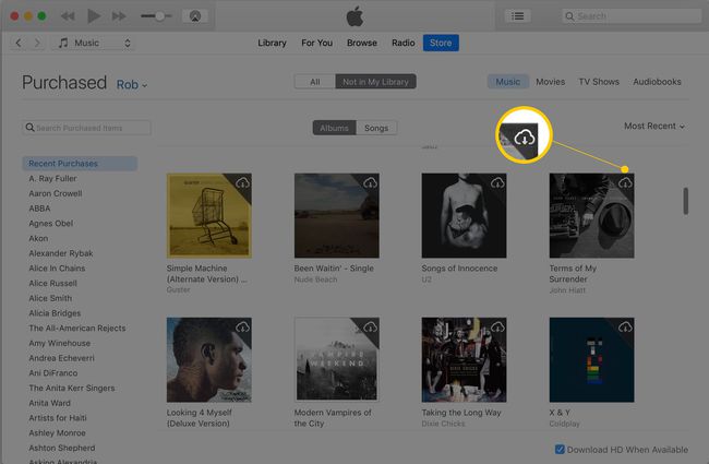 Letöltés ikon a nemrég vásárolt album képernyőképéhez