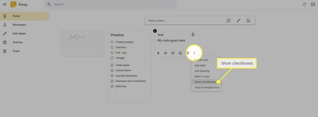 Il menu Altro e il comando " Mostra caselle di controllo" in Google Keep