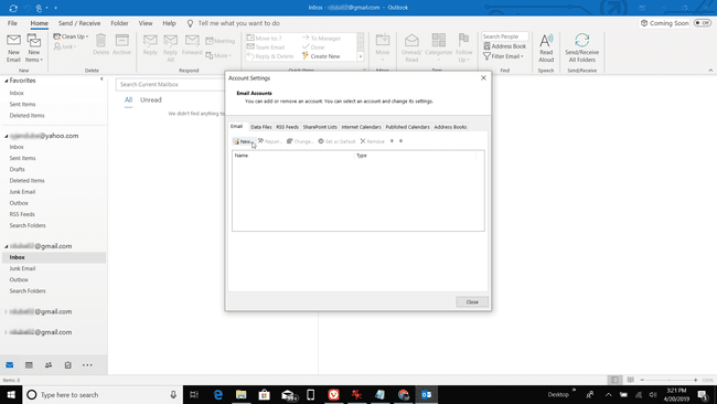 Captura de tela de adição de nova conta de e-mail no Outlook