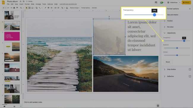 Como definir a transparência de uma imagem no Apresentações Google com o controle deslizante de transparência realçado