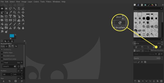 Ein Screenshot von GIMP mit hervorgehobener Schaltfläche „Pinsel aktualisieren“