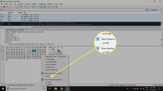 Снимак екрана Виресхарковог прозора Пацкет Битес са истакнутом опцијом „Као битова“.