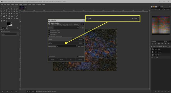 Alfa kaydırıcısı vurgulanmış olarak GIMP'nin RGB Gürültü penceresinin ekran görüntüsü