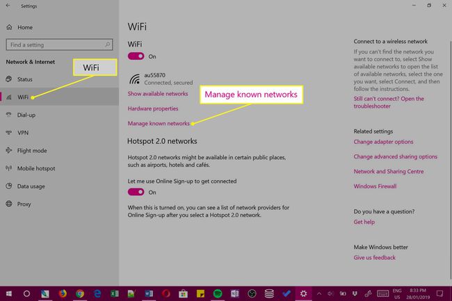 Bilinen ağları yönetin vurgulanmış olarak Windows 10 Wi-Fi ayarları