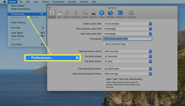Navegador Safari en una Mac que muestra la pantalla de Preferencias