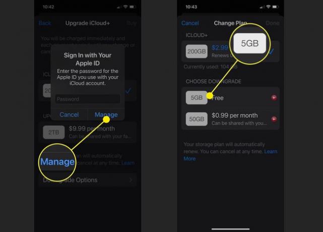 Capturas de pantalla que muestran las opciones de almacenamiento de iCloud + en iOS.