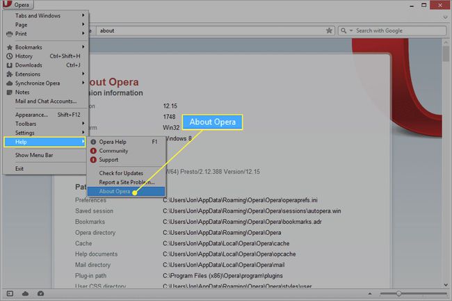 Acerca de Opera en el menú Ayuda