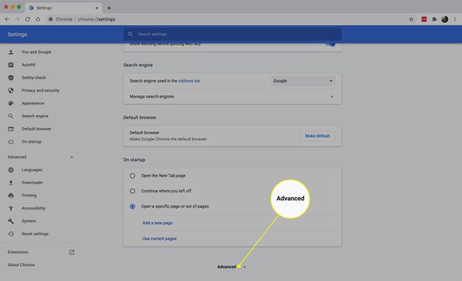 El encabezado Avanzado en la configuración de Chrome