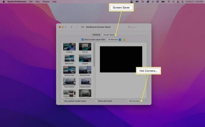 تم تمييز علامة التبويب Screen Saver وزر Hot Corners في قائمة Desktop & Screen Saver على Mac