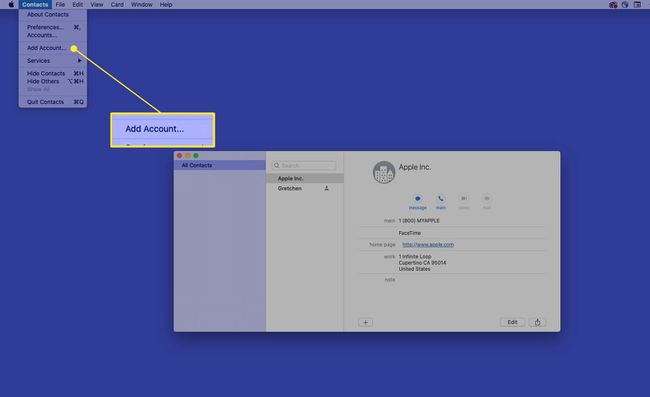 Приложение Mac " Контакты" с выделенным " Добавить учетную запись"