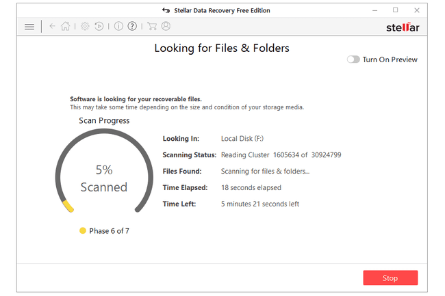 Snímek obrazovky Stellar Data Recovery Free Edition