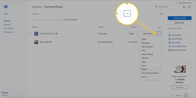 Dropbox-Webclient mit hervorgehobenem Symbol " Mehr anzeigen"