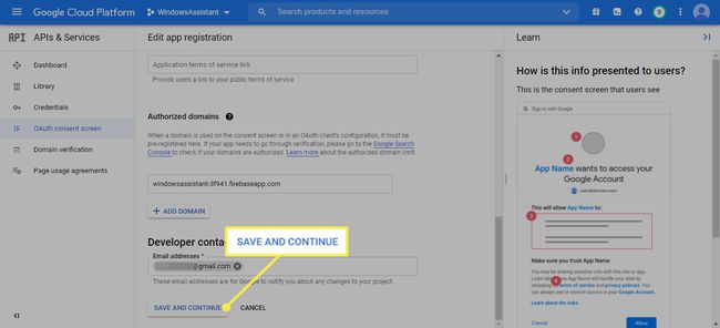  Google Cloud Platform'da Geliştirici İletişim Bilgileri altında Kaydet ve Devam Et