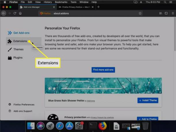 Pantalla de complementos de Firefox con las extensiones resaltadas