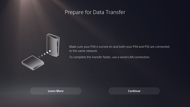 Recurso PS5 Data Transfer procurando pelo console PS4.