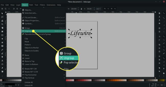 Snímek obrazovky Inkscape se zvýrazněným příkazem Ungroup