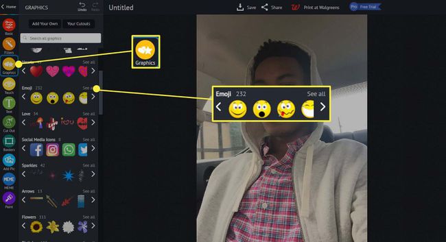 piZap - selectând „Grafică” și un emoji
