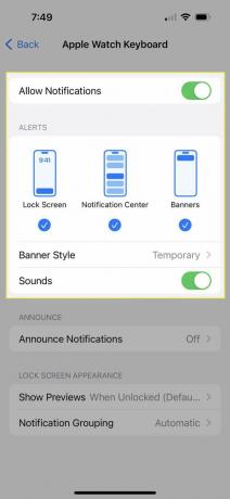 Apple Watch tastatūras paziņojuma opcijas 