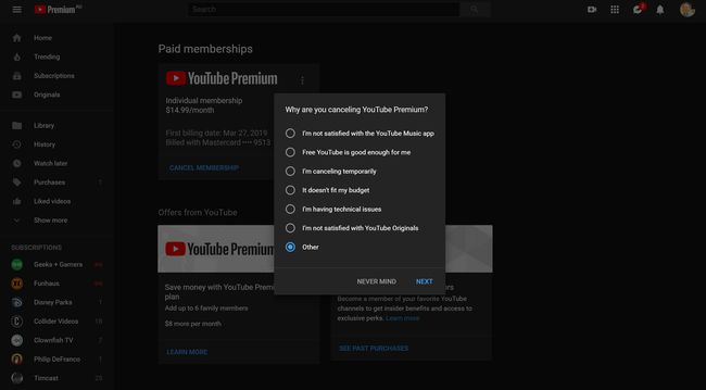 YouTube Premium opzeggen op de YouTube-website.