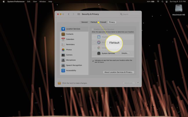 FileVaultタブが強調表示されたMacのプライバシーとセキュリティの設定