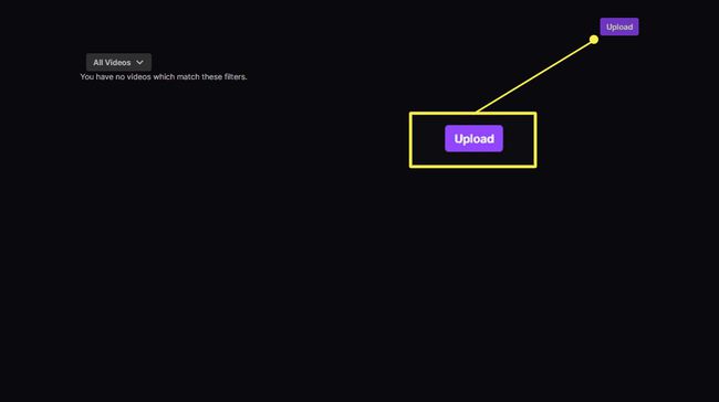 Twitch екран за качване на видео с подчертан бутон Качване