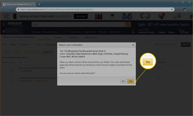 Tlačítko Ano pro vrácení knihy Kindle