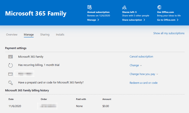 Снимак екрана странице управљања Мицрософт 365 породицом