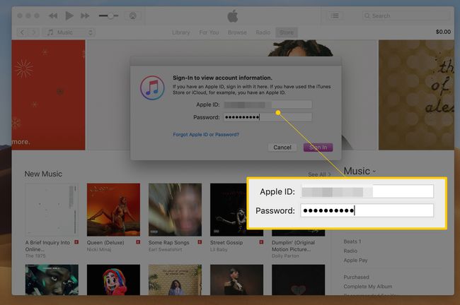 iTunesのサインインダイアログ。AppleIDとパスワードのフィールドが表示されます