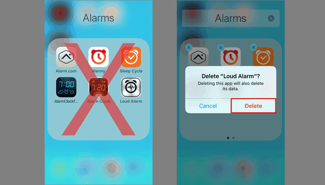 iPhoneのアラームアプリを削除する方法を示すスクリーンショット