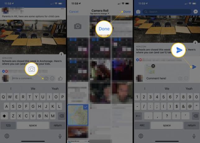 Trzy ekrany Facebooka iOS pokazujące ikonę aparatu, przycisk Gotowe i przycisk Wyślij