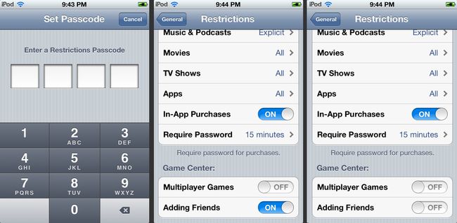 As telas de definição de senha e restrições do iOS