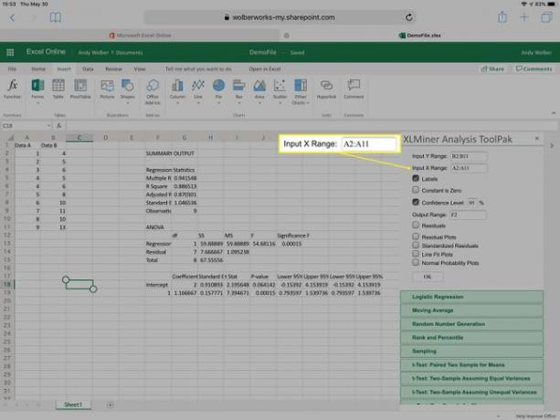 Lineare Regressionsfelder, die im XLMiner Analysis ToolPak mit hervorgehobenem Eingabe-X-Bereich angezeigt werden