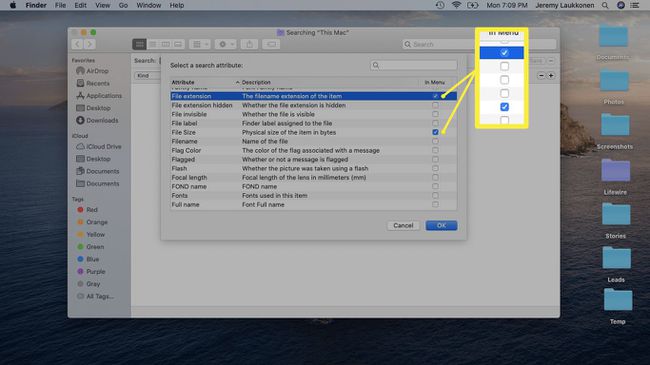 macOSでのFinder検索属性のスクリーンショット。