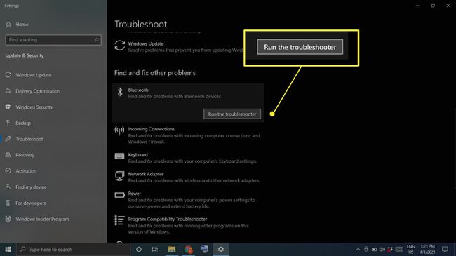 Windows 10 문제 해결사의 Bluetooth에서 문제 해결사 실행