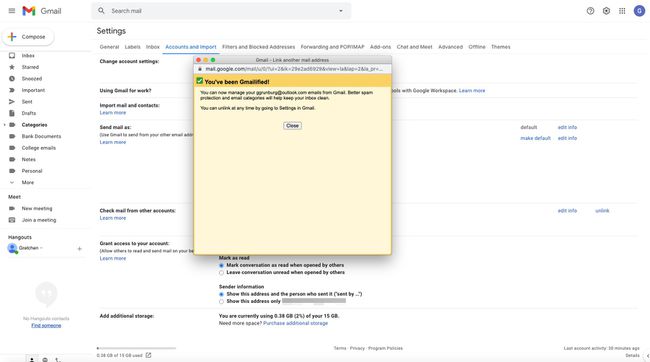 Tela de configurações do Gmail com a mensagem de que uma conta foi identificada pelo Gmail com sucesso