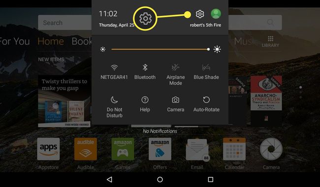Egy Kindle Fire kezdőlap a Beállítások ikonnal.