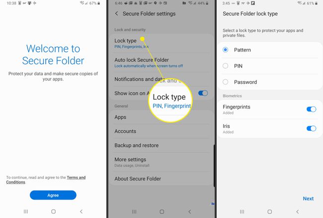 A zár típusa, a zárolás típusának kiválasztása és a PatternPINPassword beállítások az Android beállításaiban