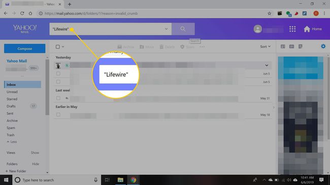 Yahoo Mail com a caixa de pesquisa destacada