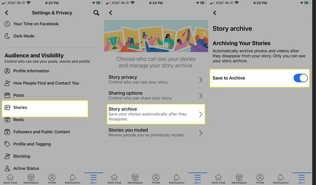 Настройките на историята на приложението Facebook с включени истории, архивиране на истории и записване в архив, подчертани