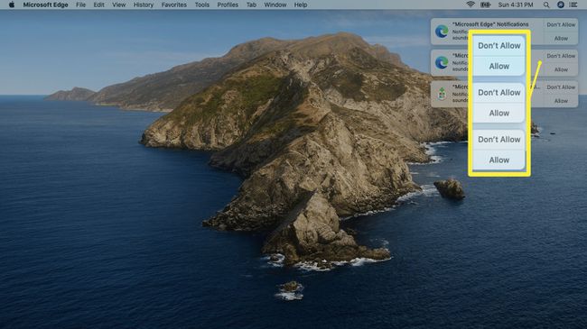 Una captura de pantalla de las solicitudes de permisos de alerta de Edge en Mac.