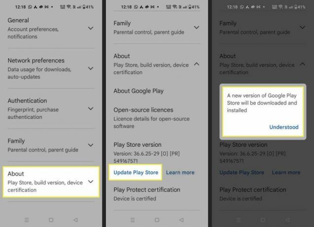 Android スマートフォンで Play ストアを更新する手順。