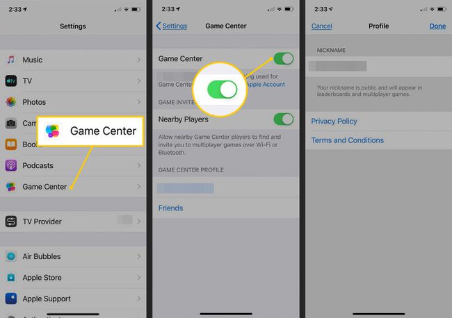 Game Center, iOS Ayarlarında Game Center geçişi