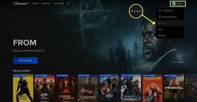 Paramount+ Web サイトのユーザー プロファイル メニューで強調表示されているアカウント メニュー項目。