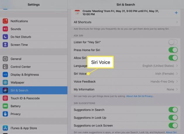 iOSのSiri＆Search画面のSiriVoiceオプション